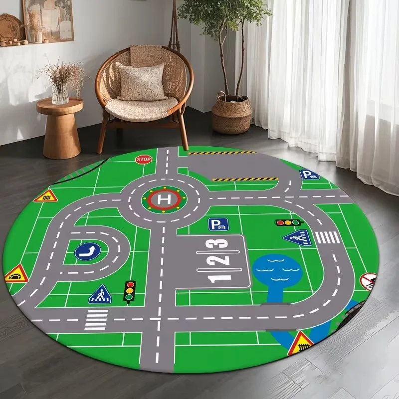 Kids City Road Map Play Round Area Rug Educational Car Track Town Floor Carpet Soft Non-Slip Interactive Game Circular Rug