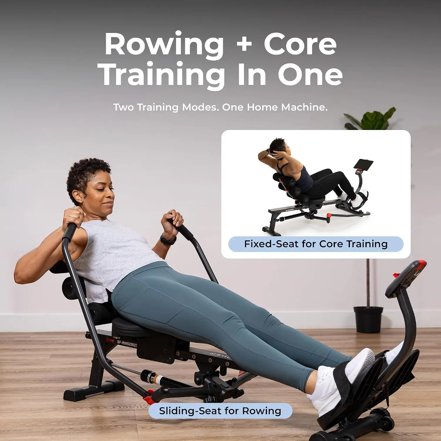 Smart Full Motion Rower 12 Resistance Levels Dual Arm Design SunnyFit App 400 Lb Capacity Optional Back Assist Core Trainer