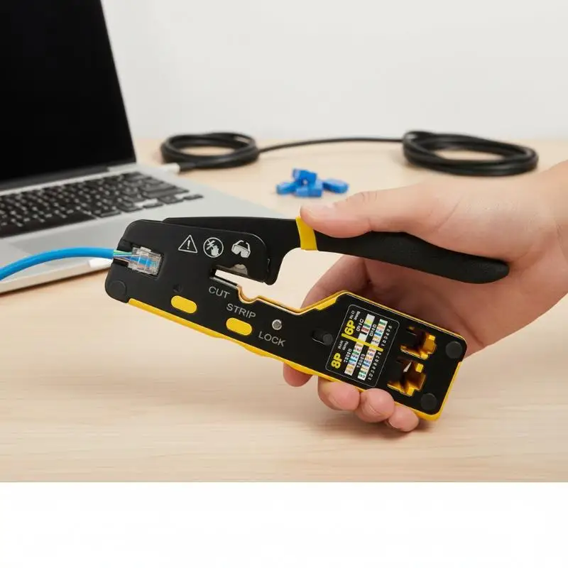 RJ45 Ethernet Crimping Tool 3-in-1 Crimp Cut Strip Kit for CAT8/7/6A/6/5E STP/UTP LAN Cable User Friendly for Network Beginners