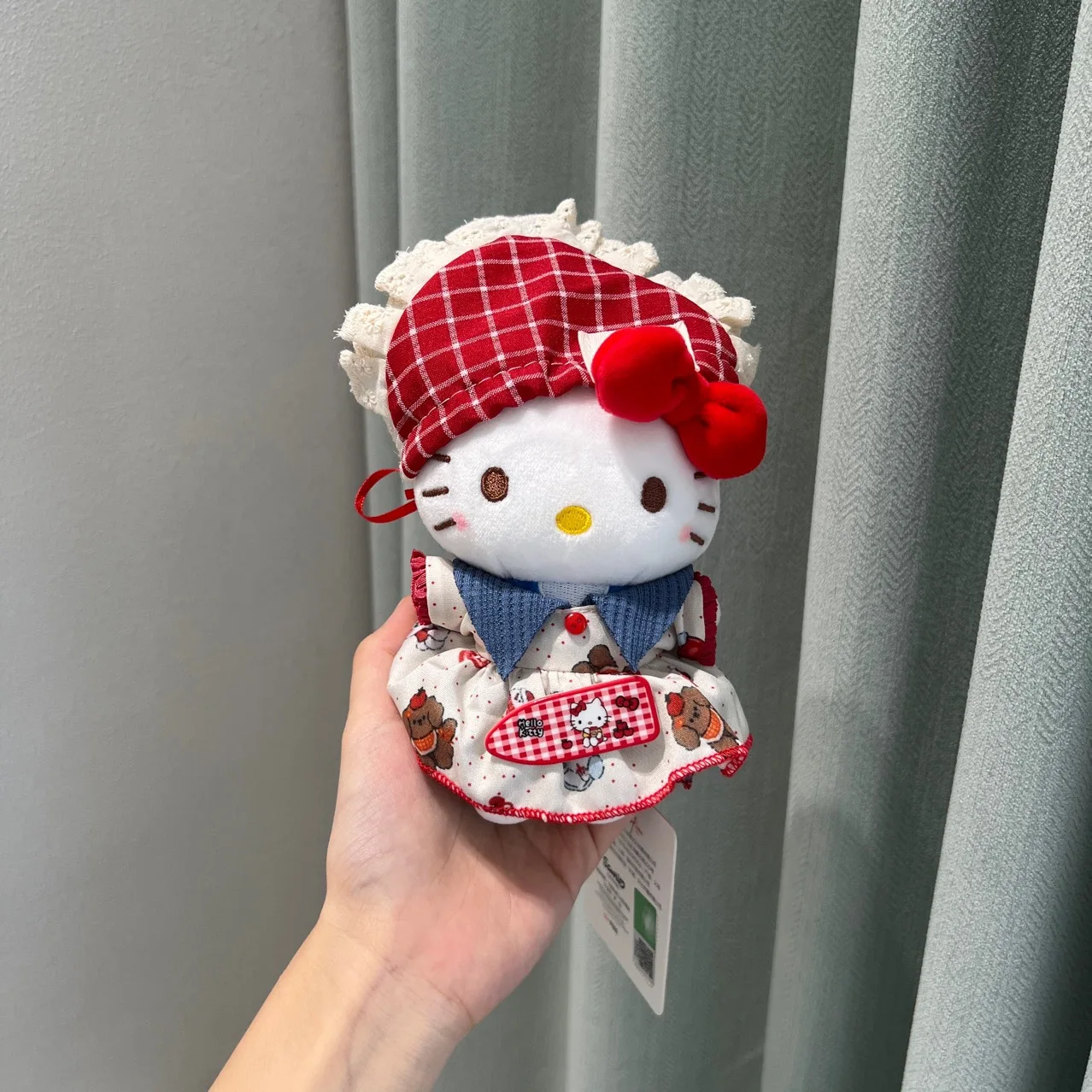 Hello Kitty Checkered Pattern Headscarf Printed Dress Plush Stuffed Toy Keychain Shoulders Bag Pendant Birthday Gift for Friends