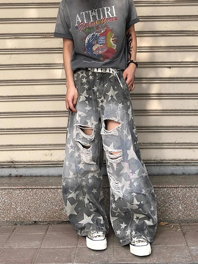 ReddaChic ستار التمويه واسعة الساق الجينز للرجال متزلج الرجعية الدنيم ممزق ثقوب واسعة الساق برميل السراويل الفضفاضة فاسق Y2k الشارع الشهير