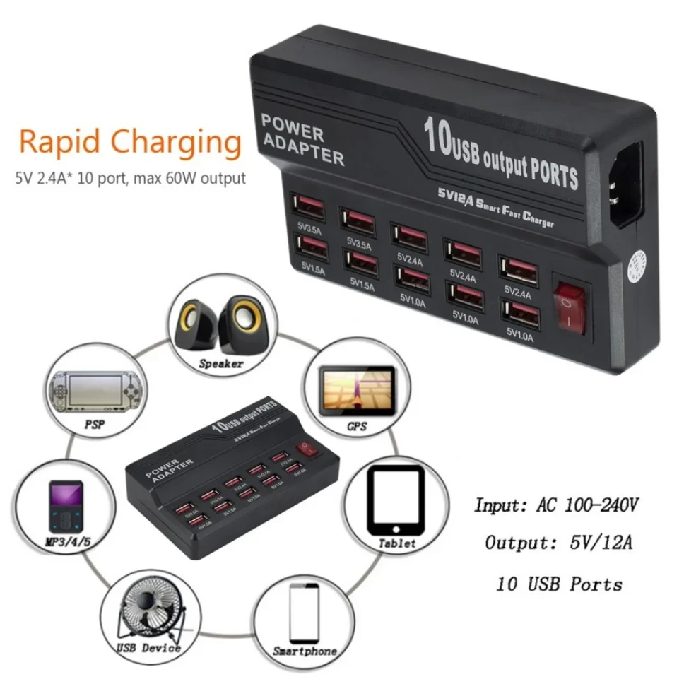 Grwibeou 10 Ports USB Charger Quick Charge Station Dock with switch US AU EU UK plug for iphone ipad Universal Multi USB Charger