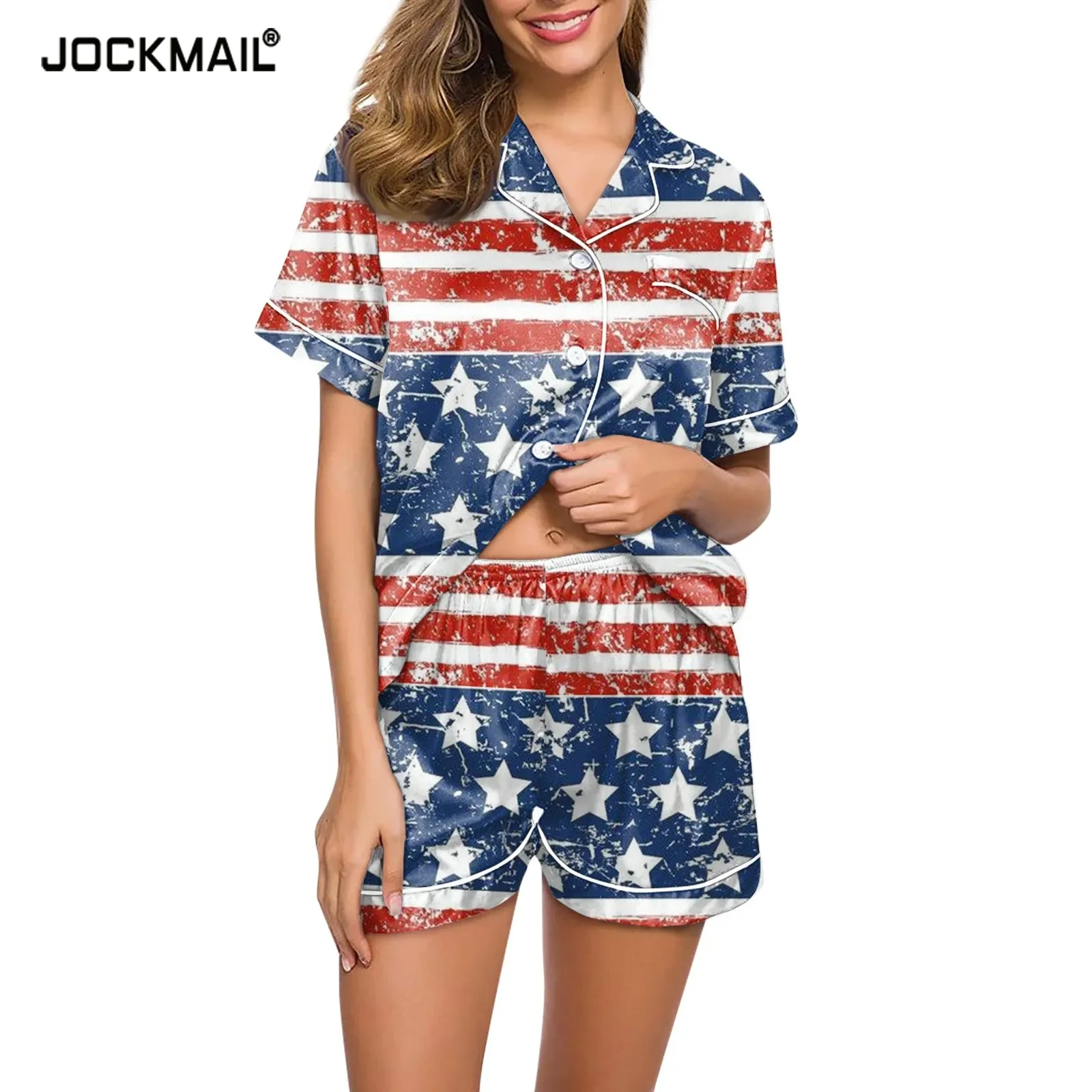 Printing Set Pajamas 2 Piece Pyjamas Set For Women Flag Graphic Print Button Down Sleepwear Loungewear Two Piece Independence Da