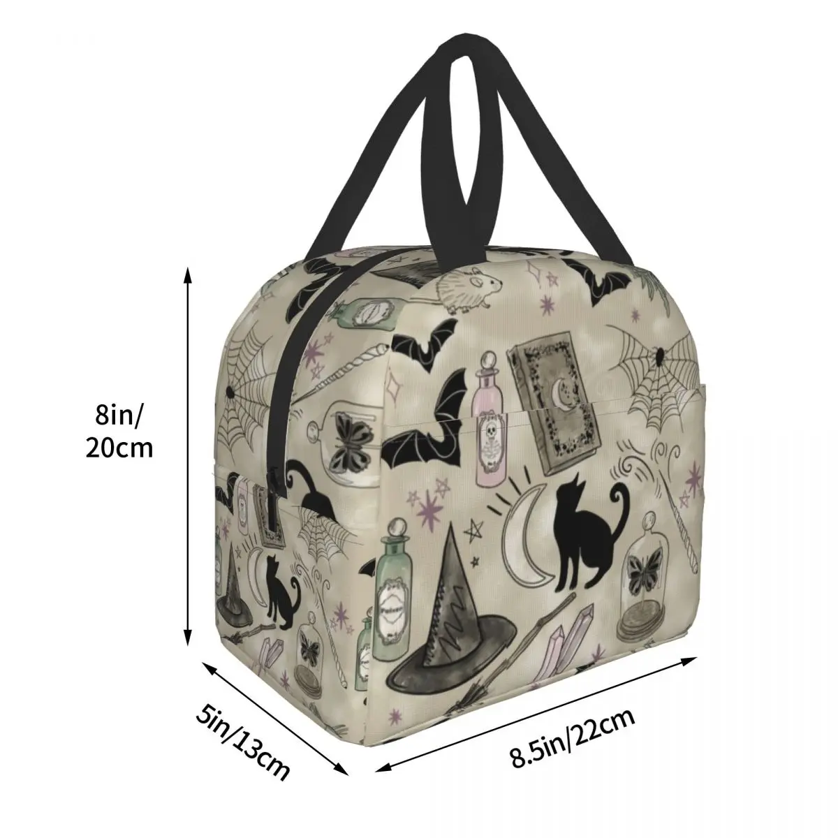 Witch Cat Pattern Thermal Insulated Lunch Bag Women Halloween Witchy Portable Lunch Box for Camping Travel Storage Food Bag