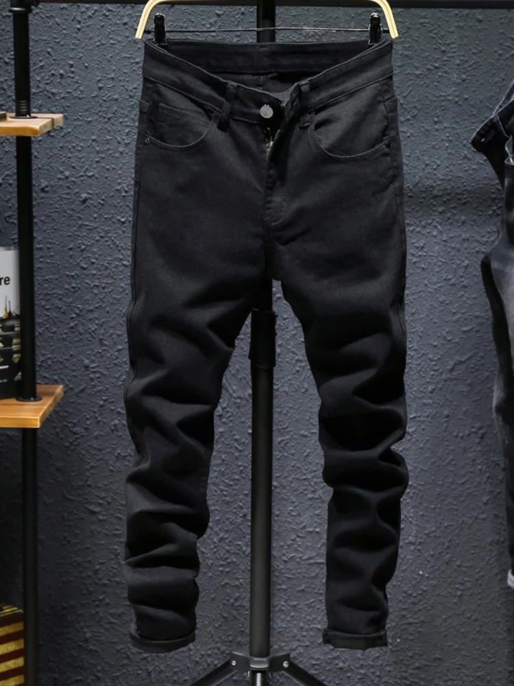 

Осенние новые черные джинсы, мужские корейские эластичные брюки на маленькие ноги, тонкие узкие повседневные классические джинсовые брюки, мужская одежда