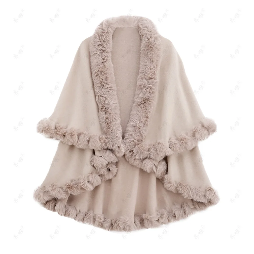 

Live Streaming Goods Autumn And Winter Otter Rabbit Fur Collar Double-layer Imitation Cashmere Cape Shawl Plus Size Knitted