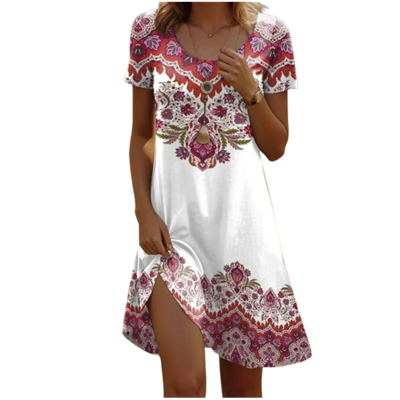 Ethnische Blumen Kurzarm O-ansatz Mini Kleid Frauen Retro 3D Druck Lose Kleid Outdoor Casual Mode Sommer Plus Größe Kleid 9XL