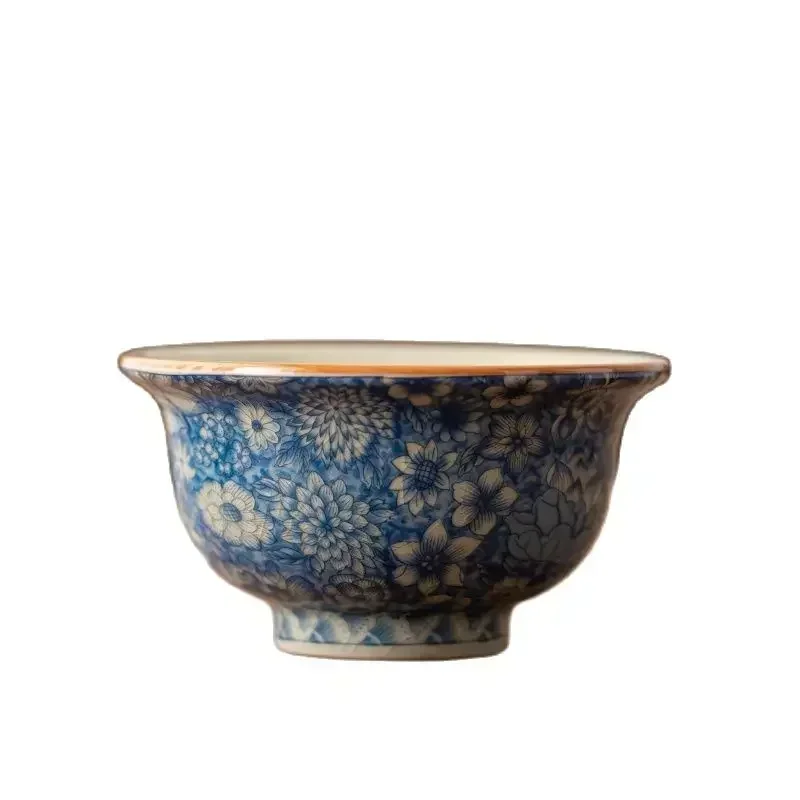 1 Pc Chinese Vintage Ru Kiln Blue and Flower Tea Cup Handmade Flowers Tea Bowl Ceramic Teacup Household Teaware Meditation Cup