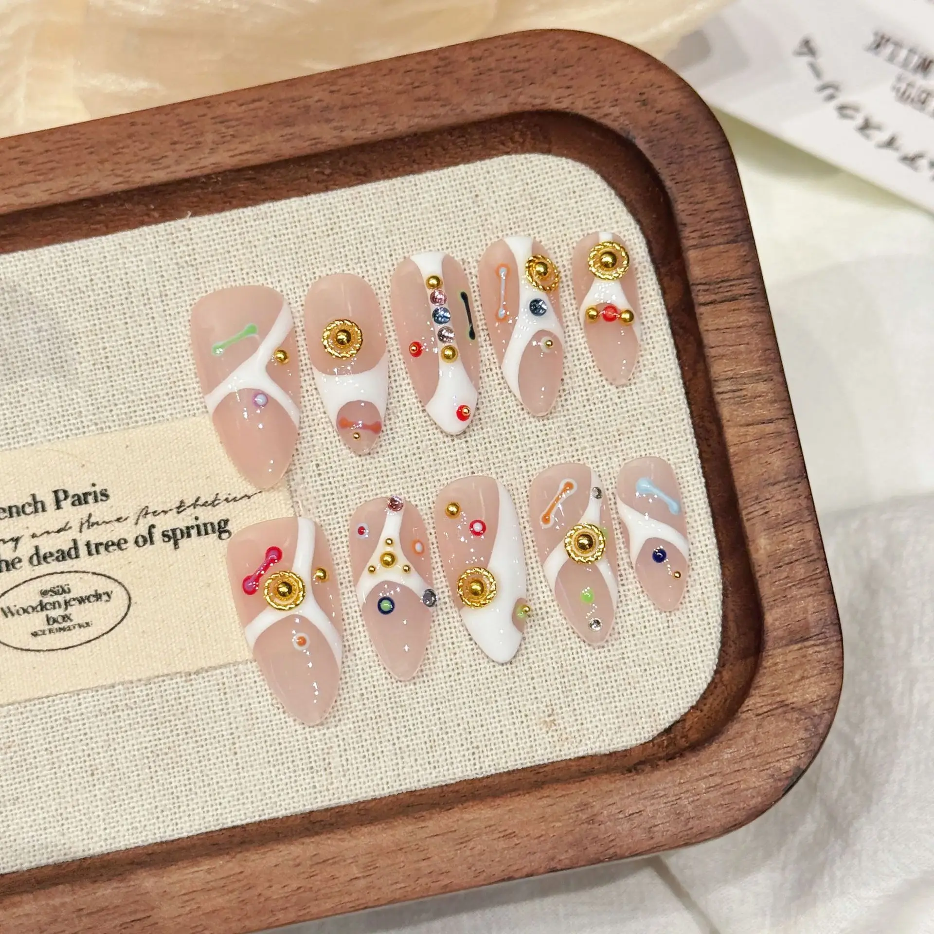 

10 PCS Luxury Handmade Press on Nails Middle Almond Pink diamond Design with 3-PIECE Tool Adhesive Nail Glue Tabs