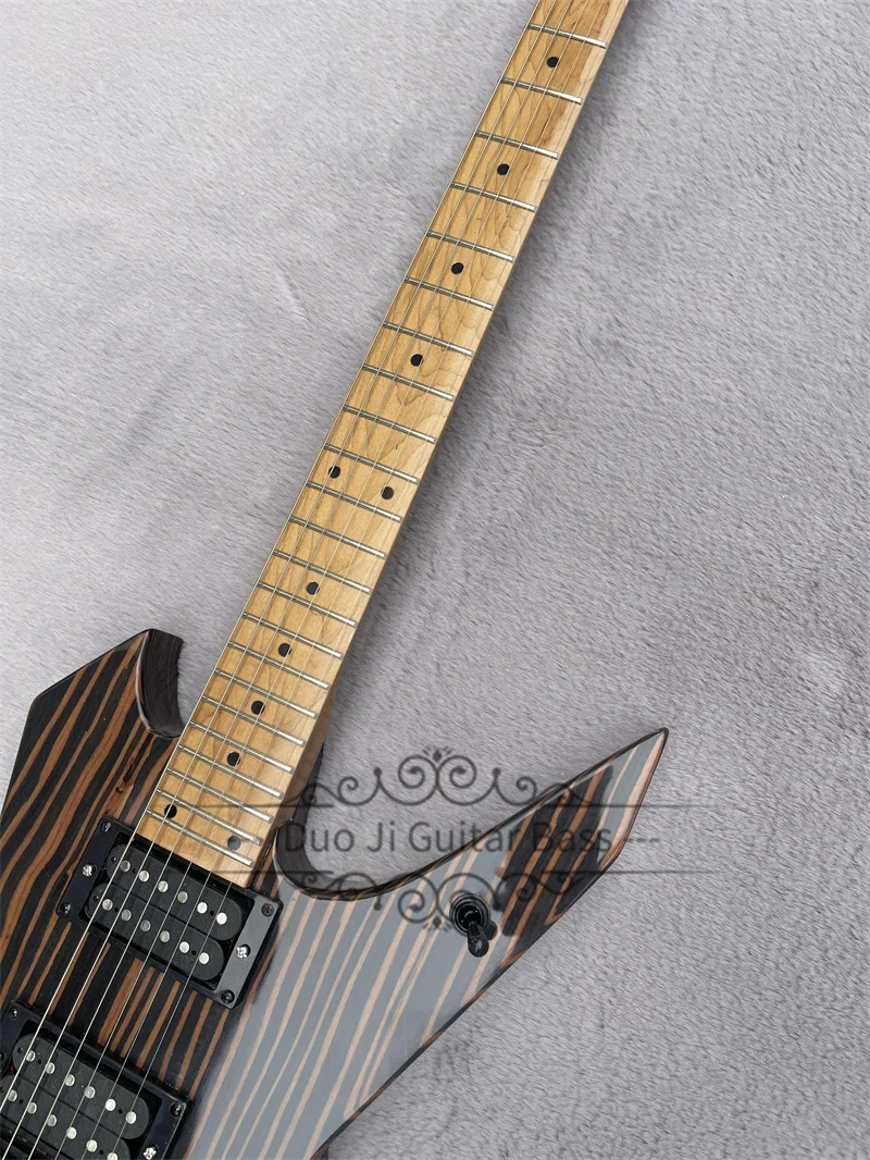 Zebra Wood Electric Guitar Roasted Flamed Maple Neck Tremolo Bridge HH Pickups Black Tuners