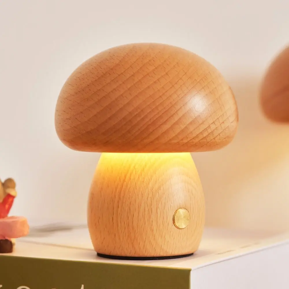 Touch Switch Wooden Mushroom Night Light 3 Color Light Wooden Material Rechargeable Night Light LED Night Light Battery Operated