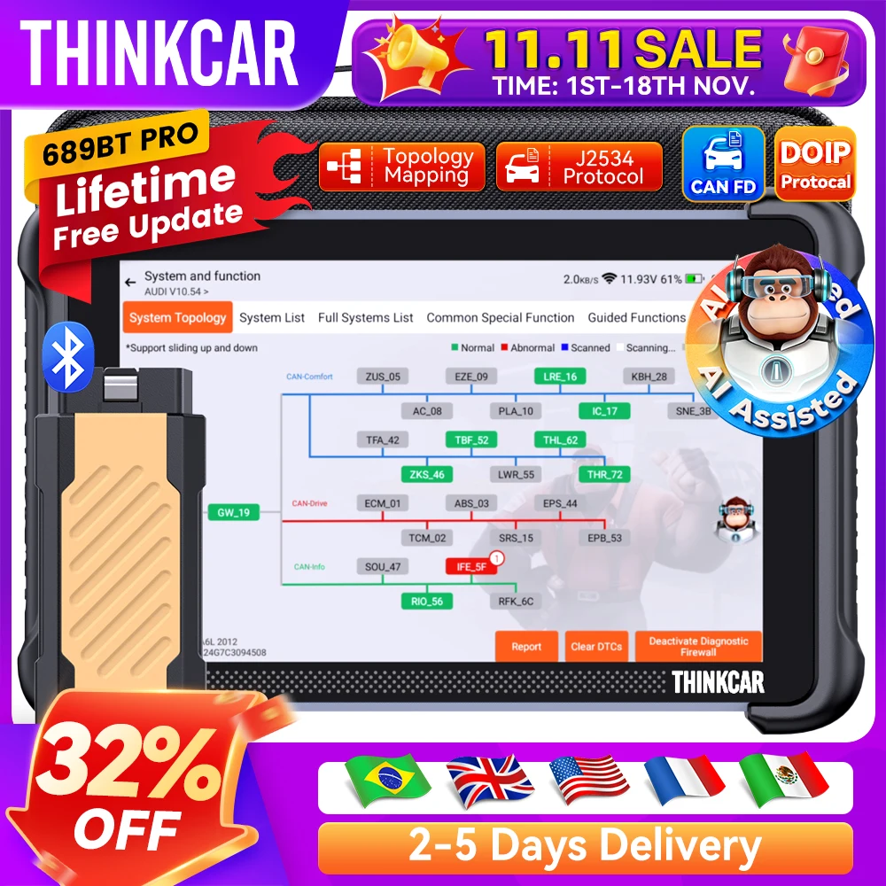 THINKCAR THINKSCAN 689BT PRO AI OBD2 Scanner Topology Map All System Diagnose 35 Reset J2534/CAN FD/DoIP Lifetime Free Update