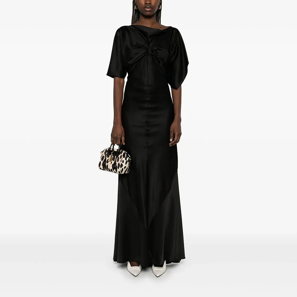 

Customized Black Evening Dresses Elegant V-neck Short Sleeves Formal Occasion Prom Gowns 2025 Floor Length Prom Dresses