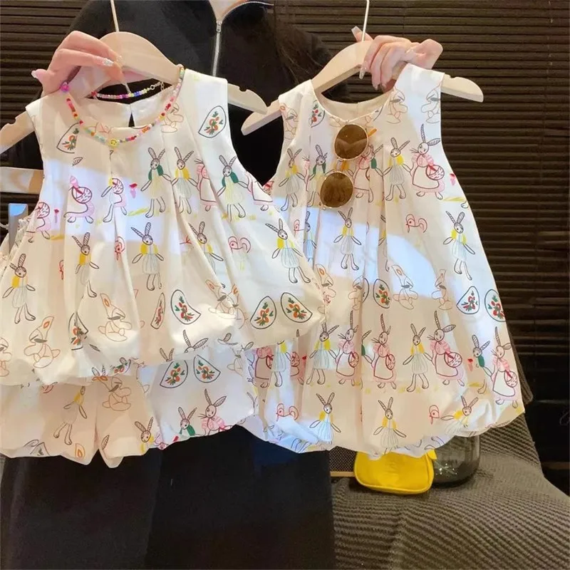 Children's Clothing Sets Cartoon Animal Print Sleeveless Top + Bud Shorts 2pcs Sets Printed Sleeveless Dress Kids Clothes Girls