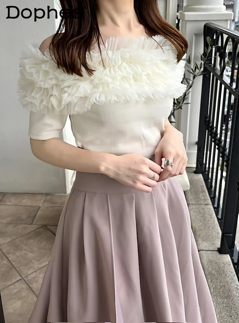 

Japanese Style Pure Color Tulle Ruffles One-shoulder Knitting Tops 2026 Summer New Sweet Lady Soft Girl Versatile Tops