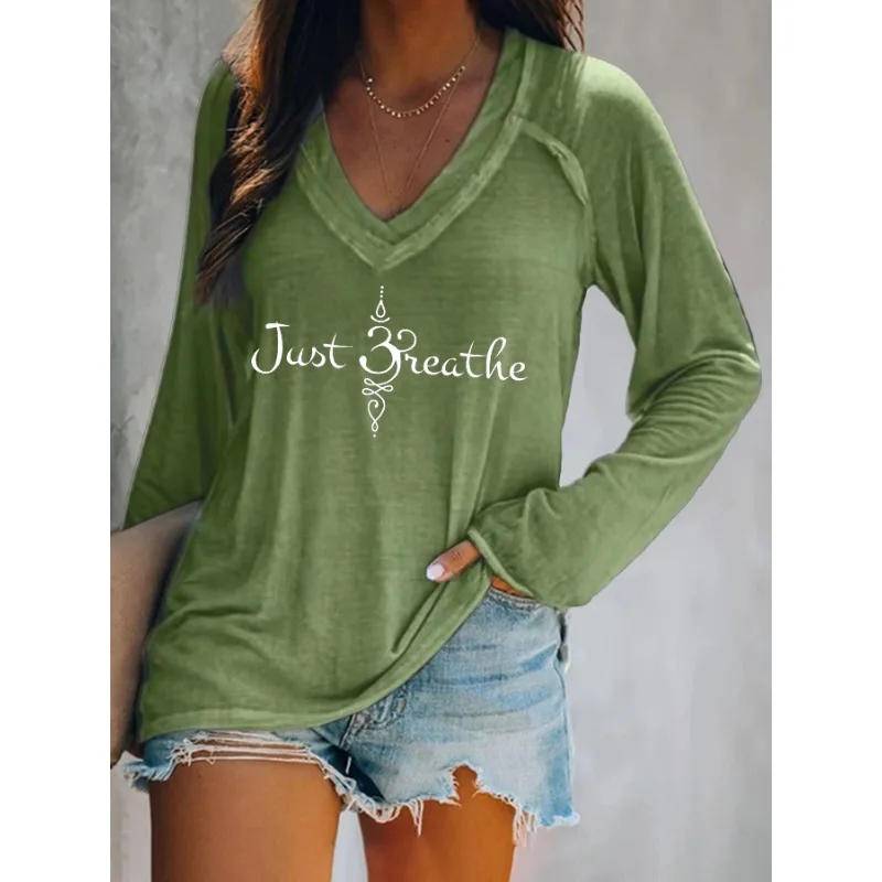 Ilstile Women's Just Breath Print T-Shirts Spring Summer Long Sleeve Casual Loose V Neck Tops Blue White Green Hot Sale