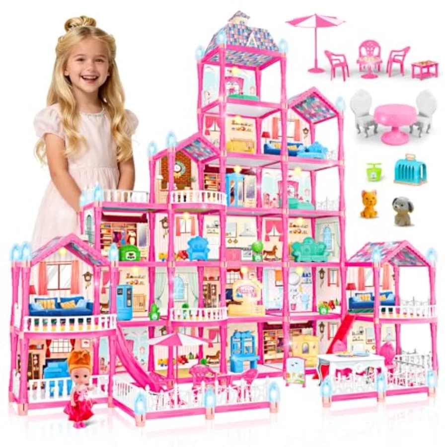 

6-Story Doll House Large DIY Playhouse for Girls, Little Girl Dream House with Furniture, Little Dog Toy, 2 Princess Figures an