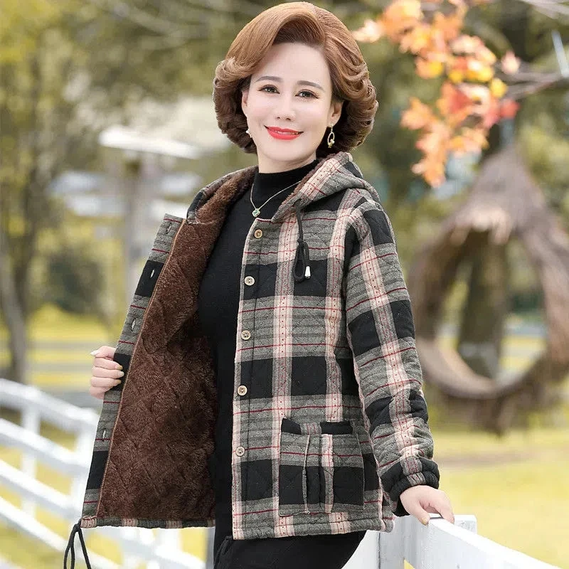 

Mom Autumn and Winter Clothes Fleece Plaid Jacket Middle-Aged Elderly Women Casual Hooded Coat Short Warm Small Padded Jacket