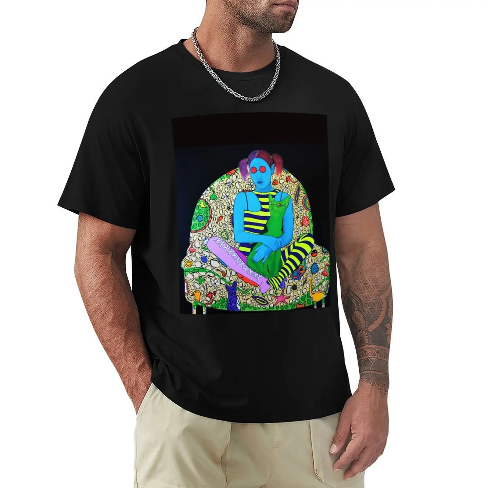 

Cat, Osy Milian, tattooed chair, colorful, teen girl, owo, Backroom Art T-Shirt blanks Anime t-shirt men clothes