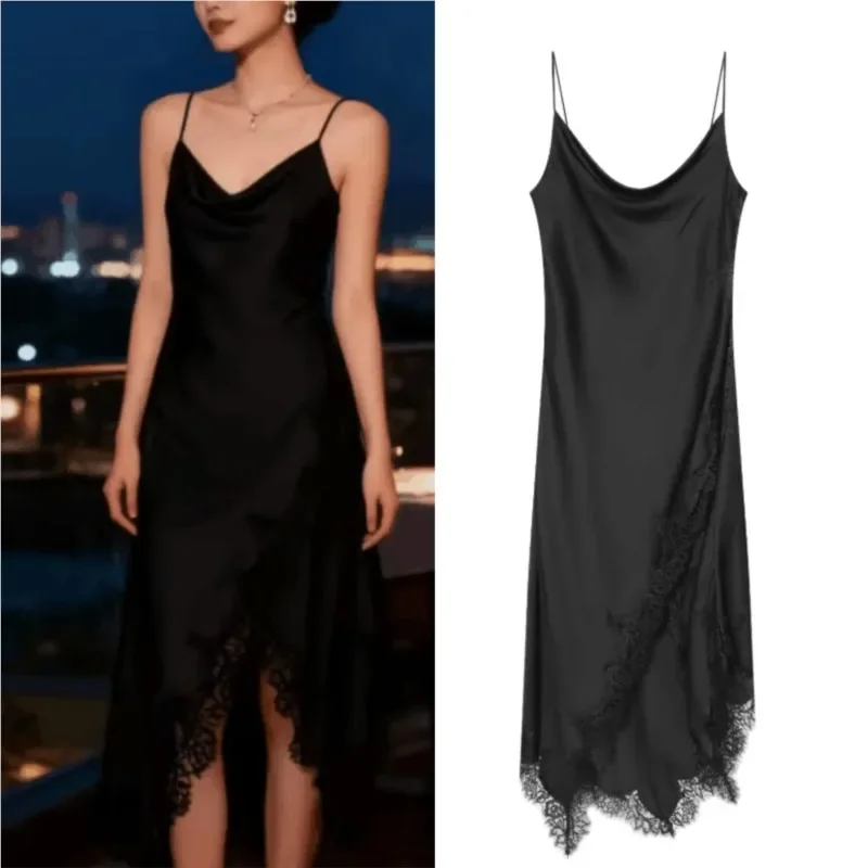 فستان نسائي من الدانتيل الساتان لربيع وصيف مثير بدون ظهر أنيق برقبة متدفقة فستان طويل للسيدات فساتين بحاشية غير متماثلة #1