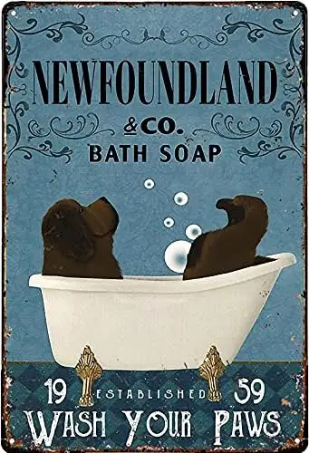 Vintage Tin Sign Metal Poster Plaque Newfoundland Dog Bath Soap Wash Your Paw Metal Sign Iron Painting Retro Wall Decor Pos