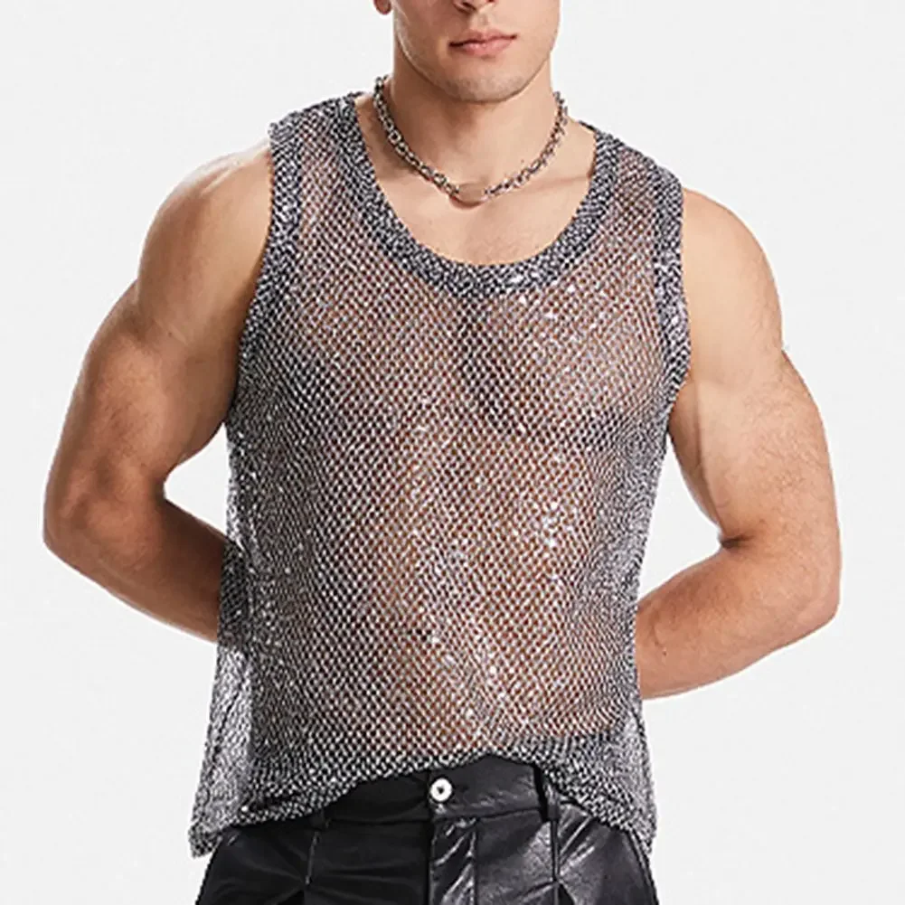 Mens Sexy Mesh Sequins Hollow Out Muscle Tank Top Sleeveless Glitter Sheer Transparent Vest Fishnet Party Tops Simple Male Vest