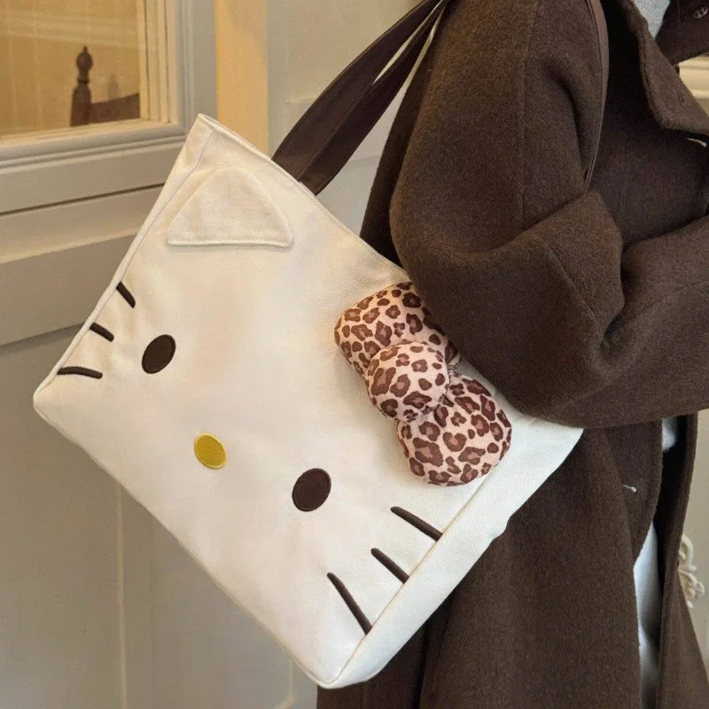 

Sanrio Kawaii Leopard Print 3D Canvas Shoulder Bag Hello Kitty Large Cotton Embroidered Purse Cute Anime Holiday Gifts