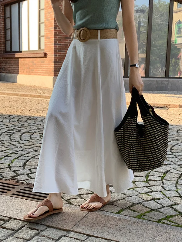 

Ele High Waist A-Line Skirt with Belt Summer 2024 Korean Sle Long Skirt Slimming Fulln Women's Faion Commute