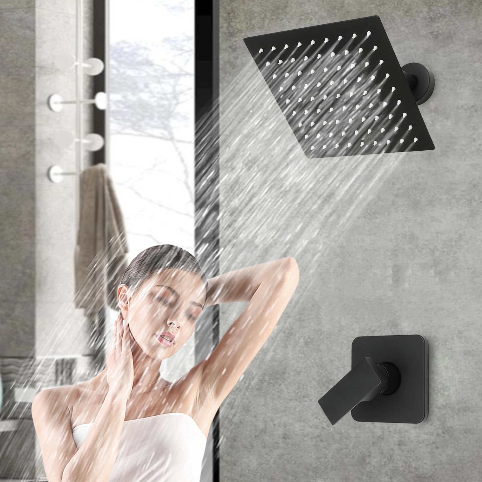 Durable Black Shower Head, 8x8-Inch Rotatable Head, Adjustable Height, Stainless Steel, Fashionable Design for Any Bathroom