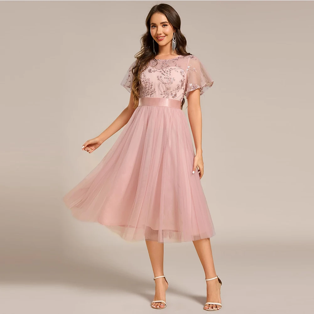 

Customized Women's Round Neck Lace Applique Short Sleeve A Line Tea-Length Cocktail Dress Mother of The Bride Dresses 2025