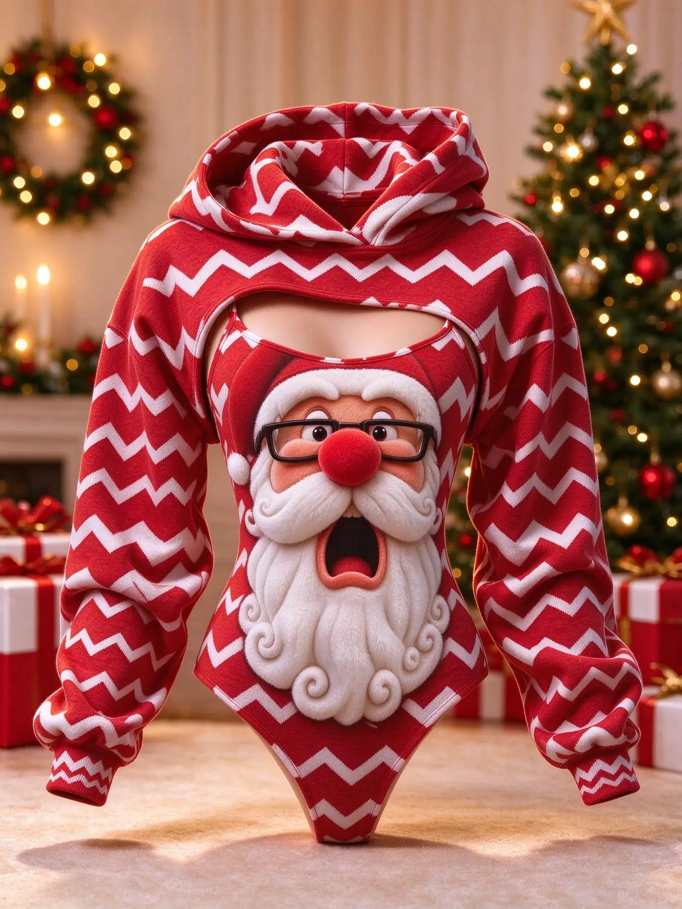 Women Christmas Reindeer Santa Faux Plush Print Bodysuit 2Pcs, Hooded Shrug & Cami