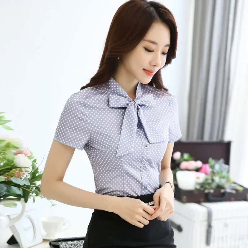 New Fashion Summer Office Lady Shirt Women 2024 Short Sleeve Bow Neck Women\'s Clothing Wave Point Woman Tops Blusas 893F