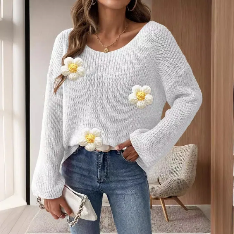 Casual Loose Knitted Sweater Hoodie for Autumn/Winter Women\'s Tops 2024 New Sexy Slash Neck 3D Flower Full Flare Sleeve Pullover