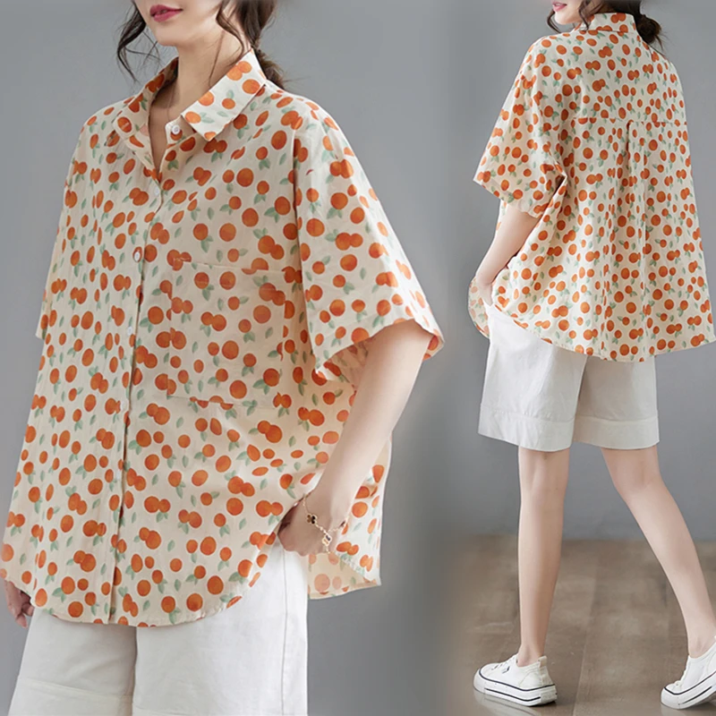 Summer Fresh Style Breathable Orange Printed Shirts Polo Collar Shorts Sleeved For Women Thin Beach Holiday Casual Female Tops