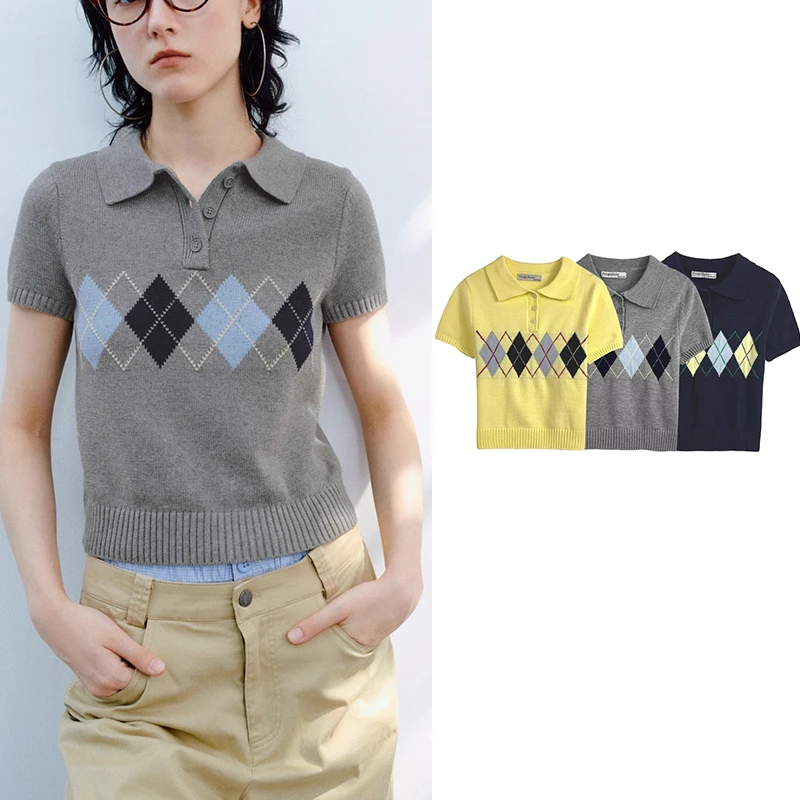

2025 New Summer Women's Sweater Fashion British Diamond Lattice Knitted Sweater Women's Chic Slim Young Joker Elegant Pullover