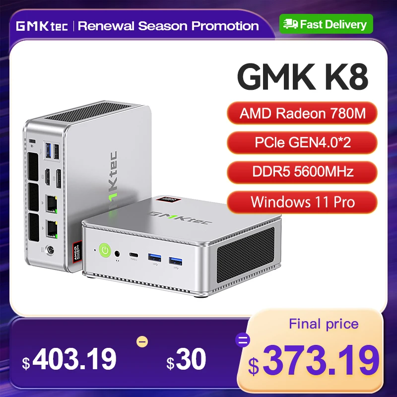 Gmktec-ミニPC,amd r7 8845hs,nucbox,win11 pro radeon,gmk k8™ミニPCゲーミングデスクトップ、pcle 4.0x2、ddr5、5600mhz、780m