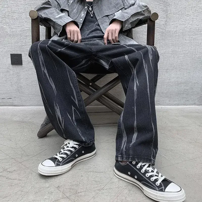Streetwear Baggy Jeans Men/Women Retro Patchwork Full Length Wide Leg Straight Denim Pants Man Washed Trousers Couples