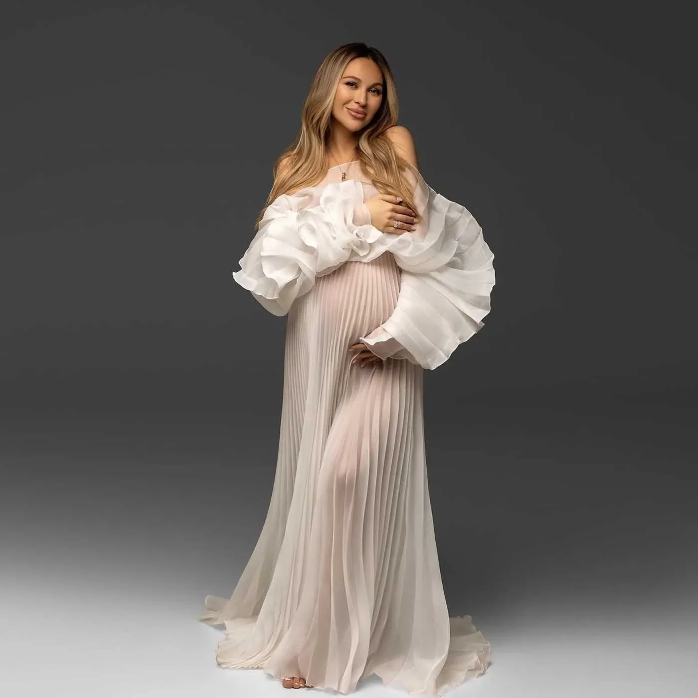 Off White plisowane sukienki Maxi do sesji zdjęciowej sukienka do sesji zdjęciowej ciążowej formalna suknia wieczorowa sukienka na baby shower YEWEN