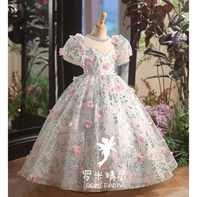 

Childrens Flower Girl Birthday Party Princess Dress Sweet Girls Luxury High End 3D Floral Sequined Short Sleeve Mesh Ball Gown
