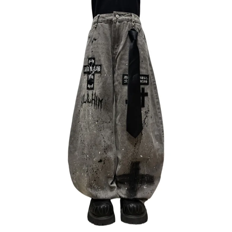 Gothic Punk Unisex Jeans Retro Street Edge Jeans For Autumn Washed Splatter Paint Y2K Punk Patched Loose Wide Leg Pants