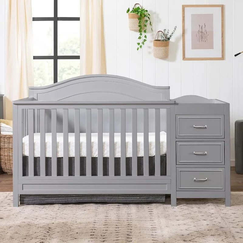 4-in-1 Convertible Crib and Changing Table Combination with Adjustable Mattress Position That Lowers As Baby Begins To Sit Up