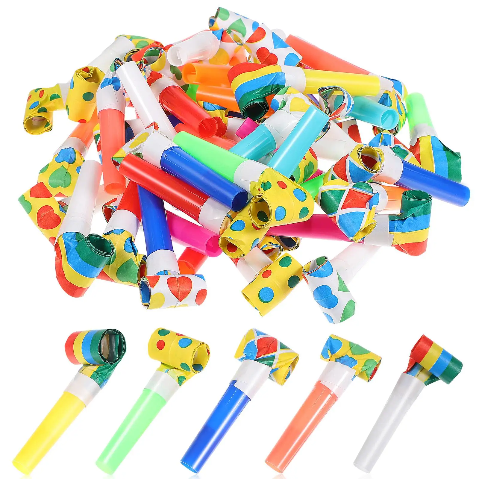 

50pcs Blow Roll 6 5cm Mixed Colors Party Blowers Plastic Whistles Kids Birthday Holiday Sports Outdoor Activities Carnival