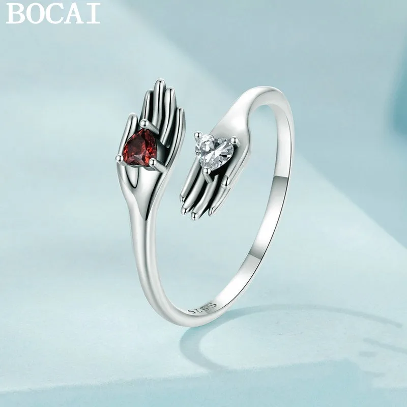 

BOCAI NEW S925 Pure Silver Vintage Elegant Passionate And Sincere Protection Open Ring