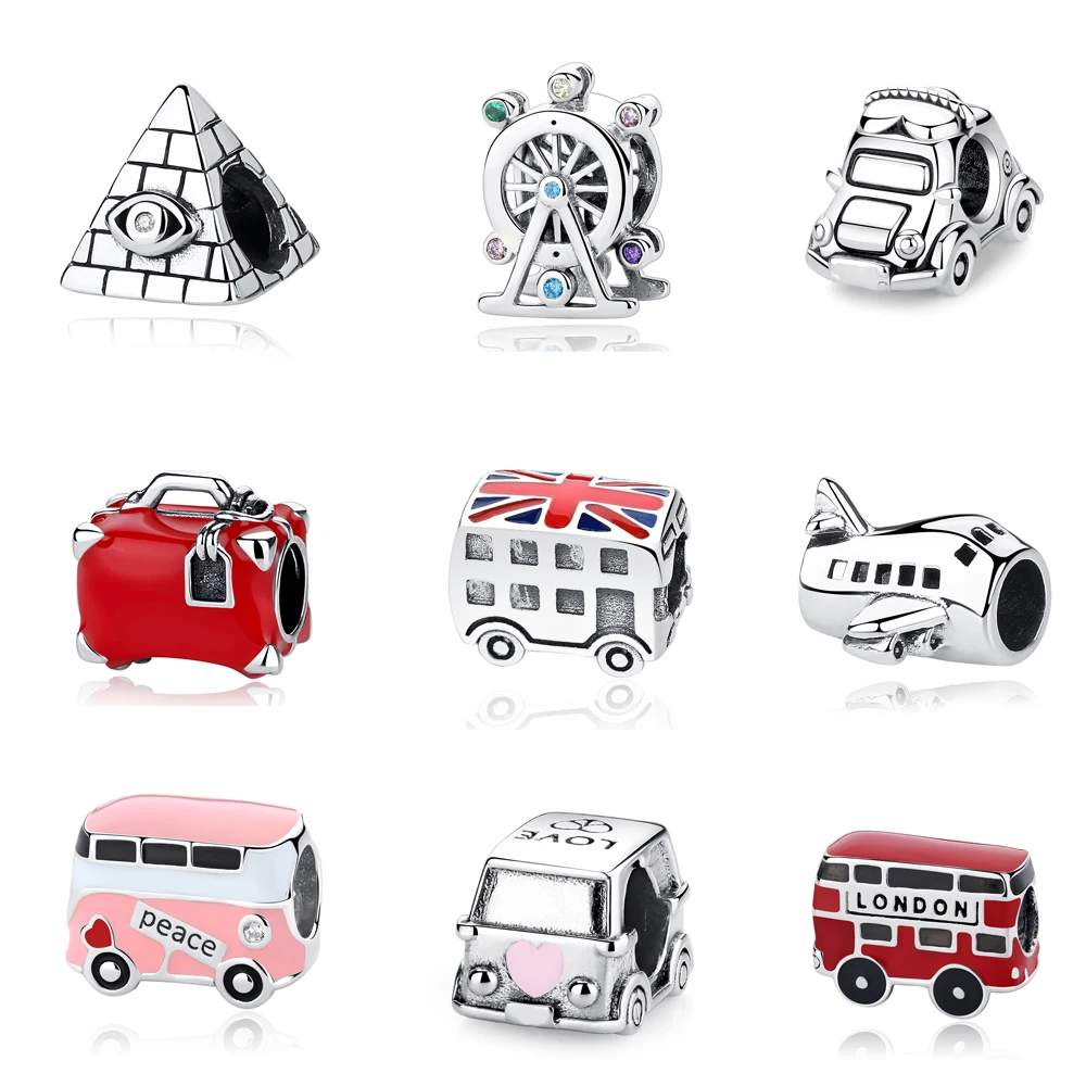 Original 925 Sterling Silver Charm Bead Travel London Bus Motorcycle Suitcase Charms Fit Pandora Bracelets Women Diy Jewelry