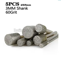 5pcs 3mm Shank Cylinder Diamond Burr Grinding Bit Stone Jade Carving Grinding Engraving Drill Bit Dremel Rotary Tools 60Grit
