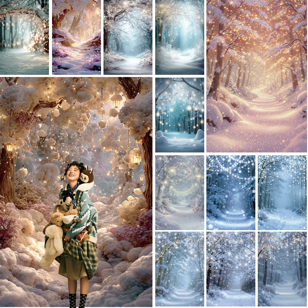 

MOON.QG Magical Snowy Forest Backgrounds For Photographs Glowing Paths Sunlit Trails Winter Backdrop Kids Shooting Props Poster