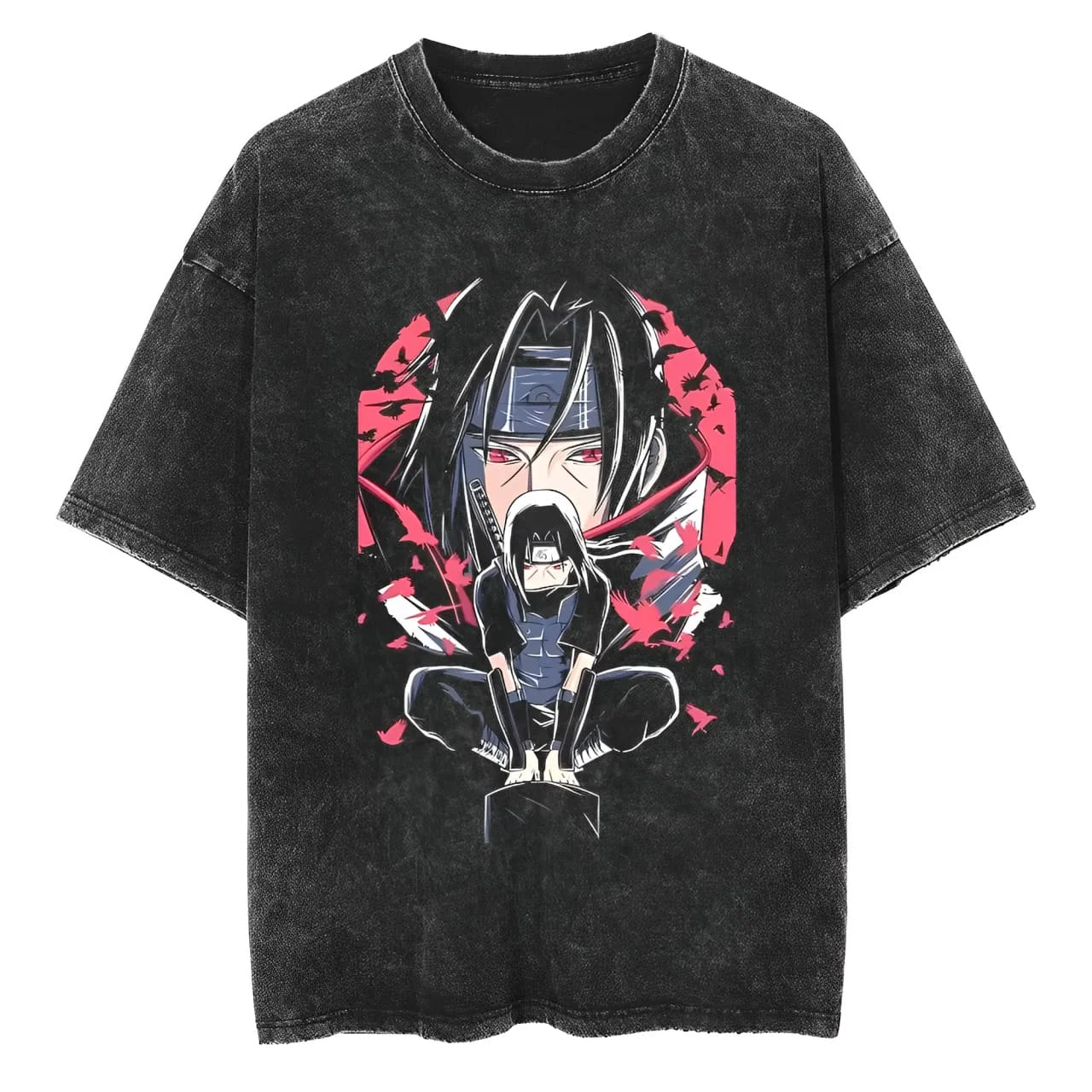 Naruto Itachi Uchiha T-Shirt Anbu Crow Vintage Acid Wash Streetwear Übergroßes Retro Anime Grafik Baumwoll-Herren-T-Shirt Kleidung