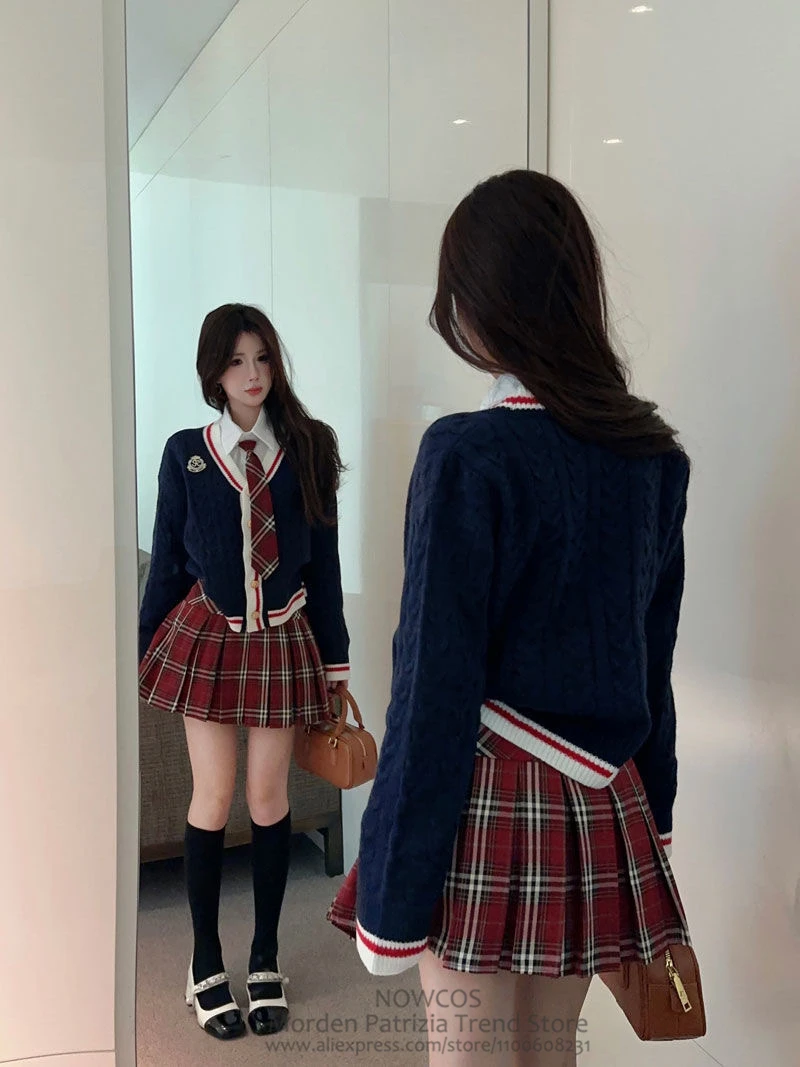 2024 Spring Autumn Women Long Sleeve V-neck Knit Sweater Single Breasted Badge White Shirt Tie Red Plaid Mini Pleated Skirt Set