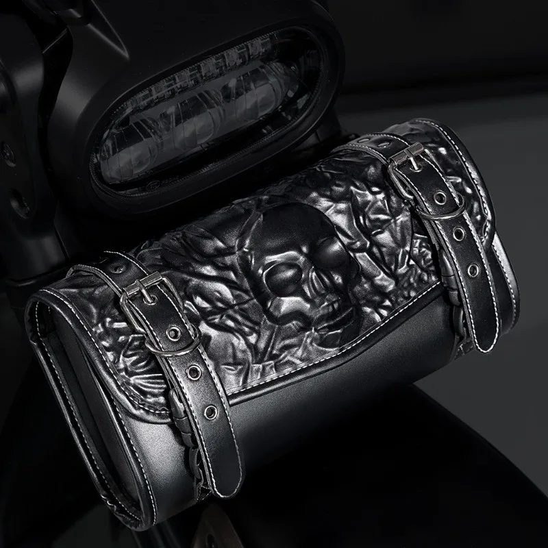 Vintage Embossed Skull Motorcycle Handlebar Bag Waterproof Motorbike Front Fork Tool Storage Saddle Bag Universal Fit Cafe Racer
