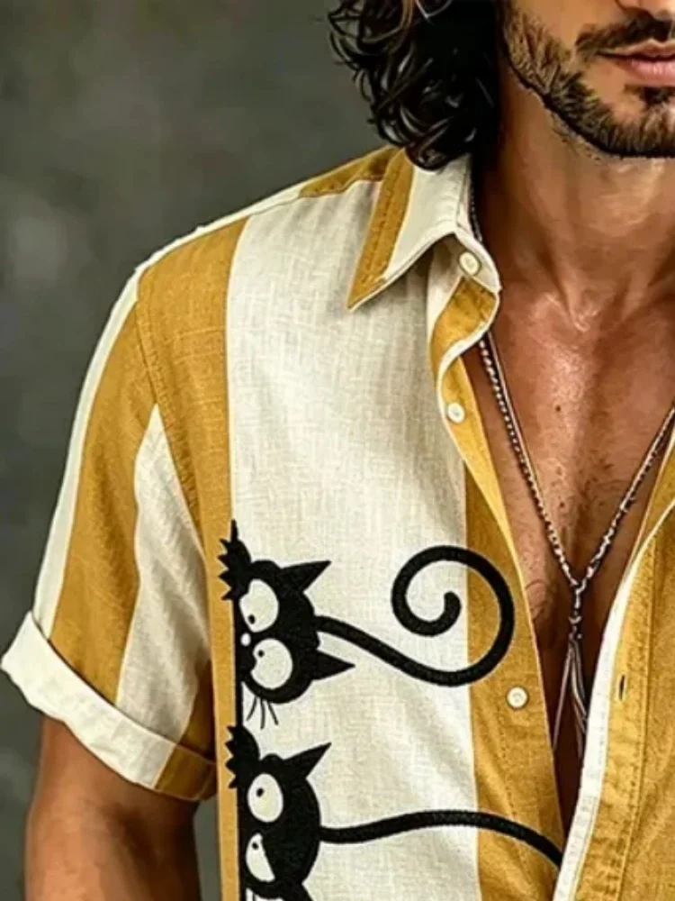 Men's Ocean Reverie Print Vacation Short Sleeve Shirt Fashion Loose Stand Collar Buttons Holiday Tops Oversized Work Clothings